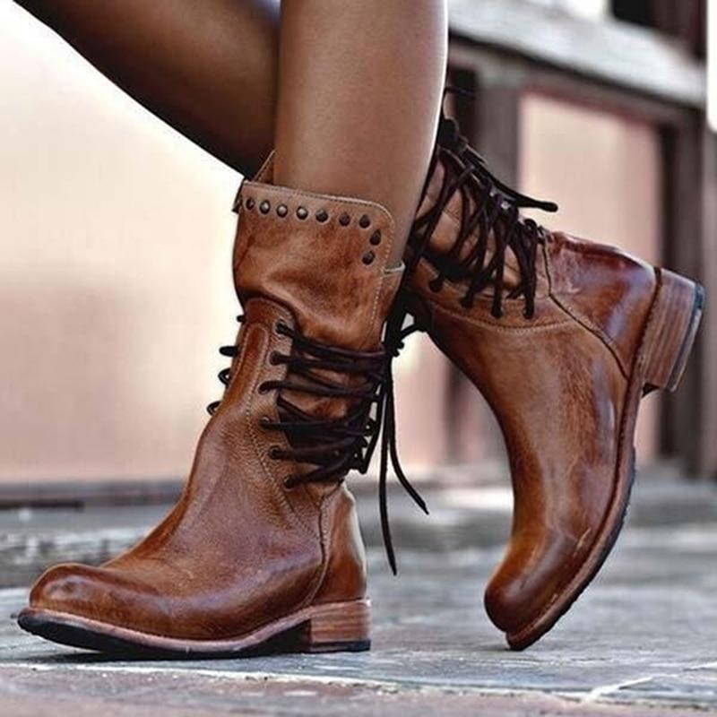 Sarah | Retro mid-calf lace-up boots with studded details