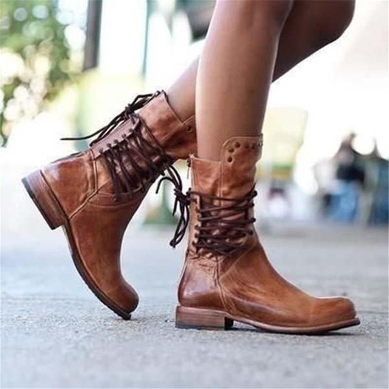 Sarah | Retro mid-calf lace-up boots with studded details