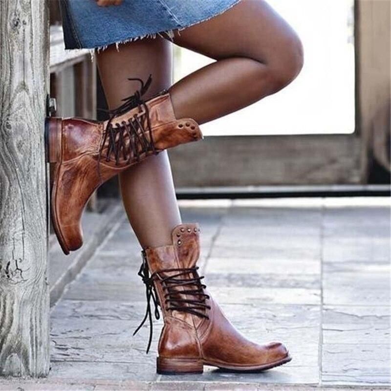 Sarah | Retro mid-calf lace-up boots with studded details