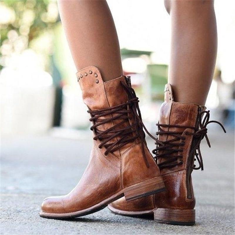 Sarah | Retro mid-calf lace-up boots with studded details