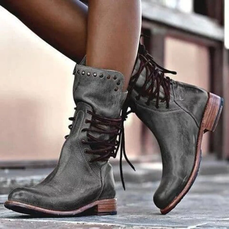 Sarah | Retro mid-calf lace-up boots with studded details