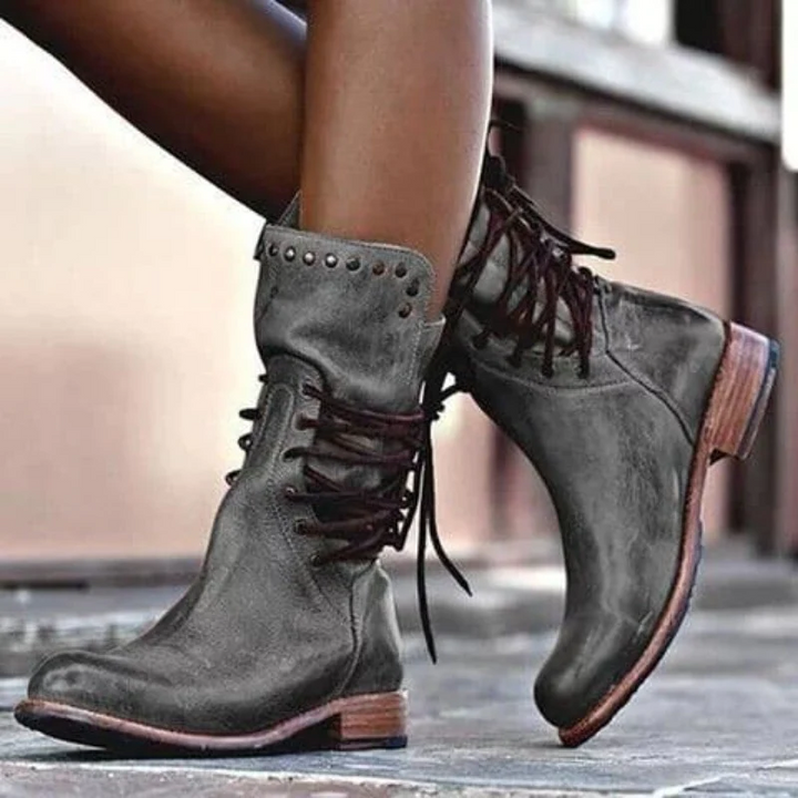Sarah | Retro mid-calf lace-up boots with studded details