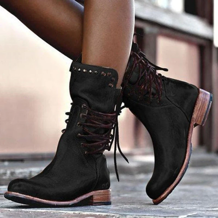 Sarah | Retro mid-calf lace-up boots with studded details