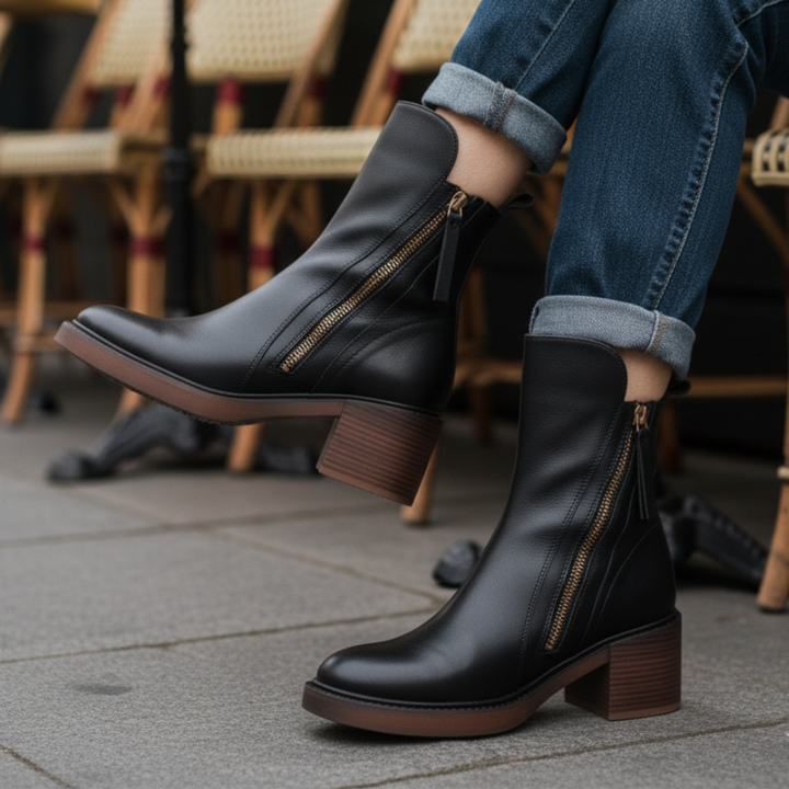 Lily™ | Black leather boot with a comfortable heel, elegant and timeless