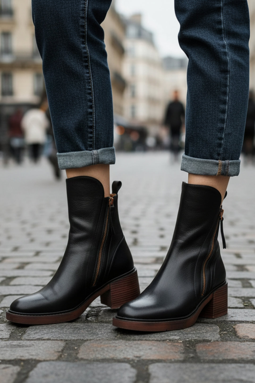 Lily™ | Black leather boot with a comfortable heel, elegant and timeless