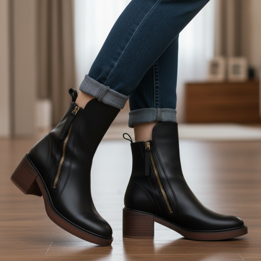 Lily™ | Black leather boot with a comfortable heel, elegant and timeless