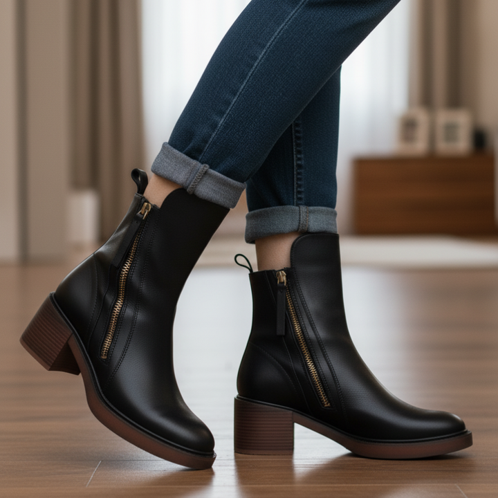 Lily™ | Black leather boot with a comfortable heel, elegant and timeless