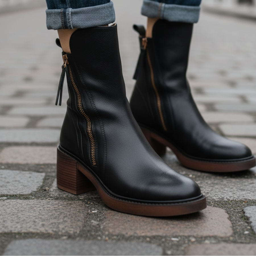Lily™ | Black leather boot with a comfortable heel, elegant and timeless