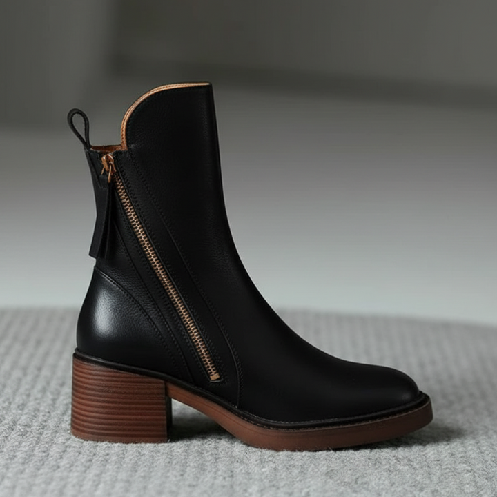 Lily™ | Black leather boot with a comfortable heel, elegant and timeless