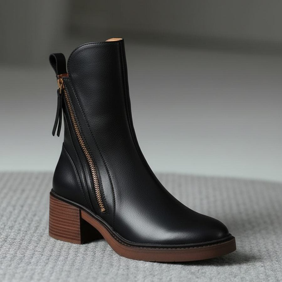 Lily™ | Black leather boot with a comfortable heel, elegant and timeless